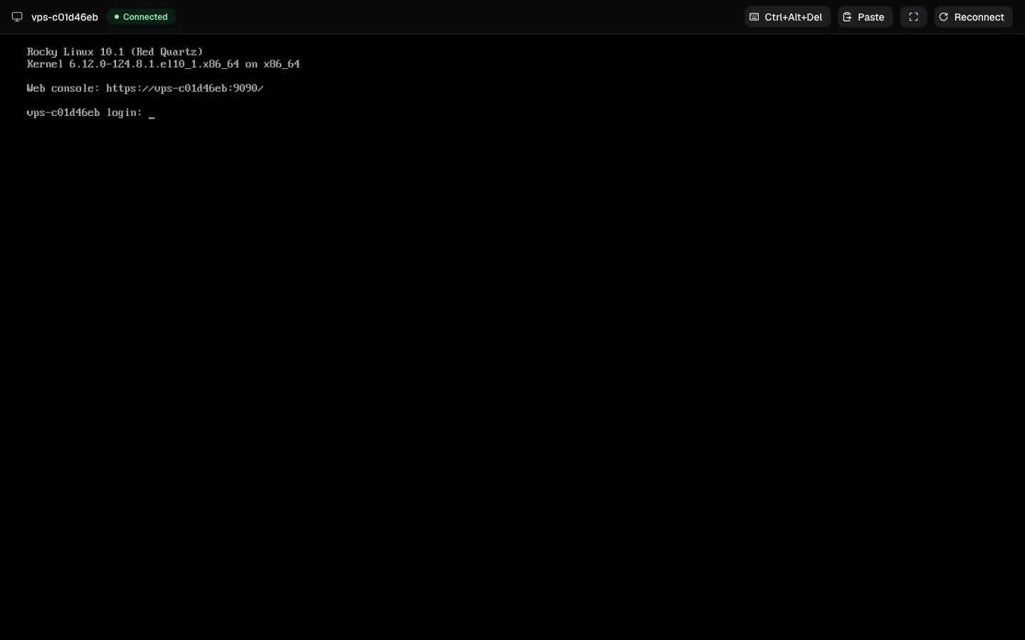 Browser console connected to a Rocky Linux server